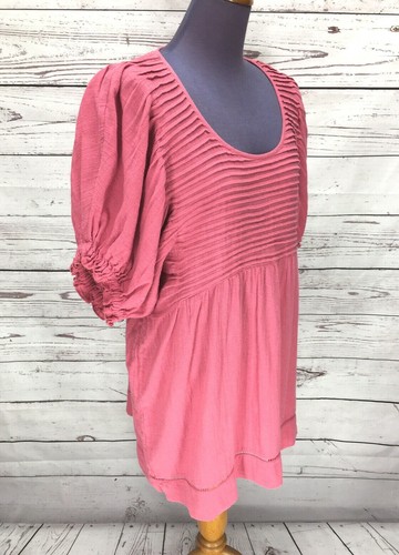 Free People Elsie Mini Dress Women's S Linen Pink Puff Sleeve Pin Tuck Tunic - Picture 7 of 12