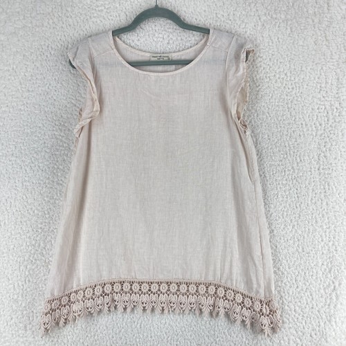 Terzo Millennio Creme 100 % Leinen Häkelshirt Damen Kurzarm Größe Small