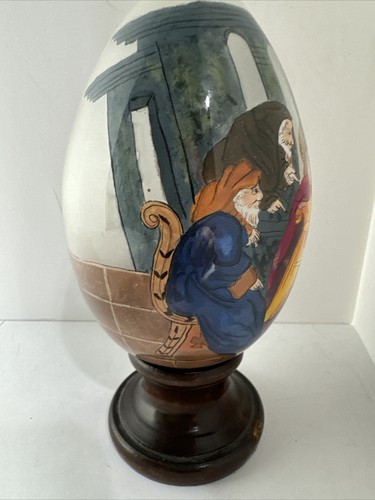 Vintage Glass Reverse Hand Painted Glass Egg With Wood Pedestal Signed 1991 SMC - Picture 5 of 8