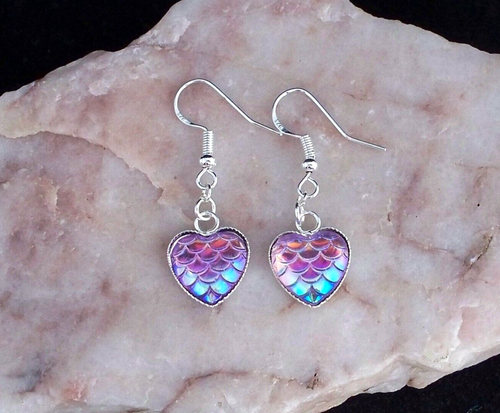 Purple Dragon Scale Heart Cabochon 925 Silver Hook Earrings.Handmade