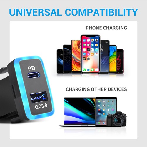 QC3.0 USB C Car Charger Type-C Dual USB Ports Outlet Socket for Toyota Car 40mm - Picture 5 of 7