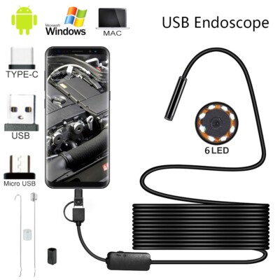 6LED USB Snake Endoscope Borescope Inspection Camera Scope for Android Type C US