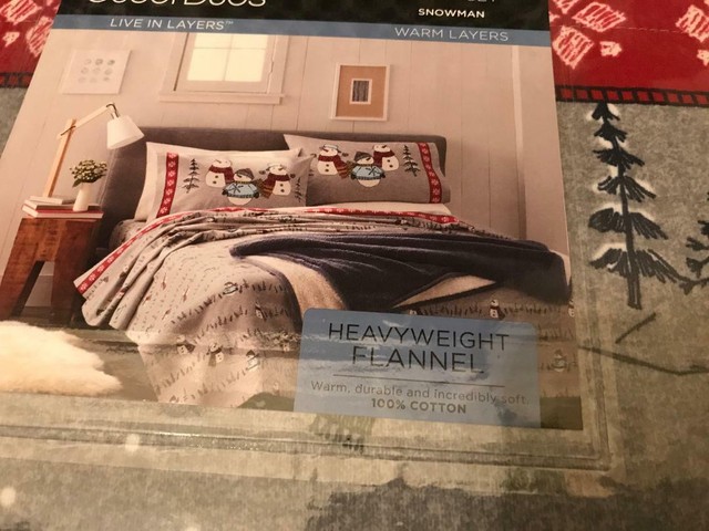 NEW Cuddl Duds Flannel Queen Size Sheet Set Snowman Red//Grey