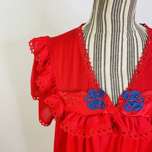 Vintage Kelly Reed Mod Red Lace Trim Floral Short Sleeve Nightgown MuuMuu Dress - Picture 5 of 8