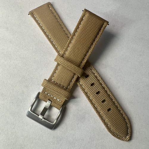 22mm TAN / BEIGE Sailcloth Canvas/Leather watch band strap WHITE Stitch QR Bars - Picture 5 of 12