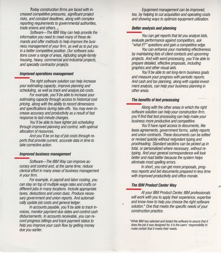 ITHistory (1985) IBM FOLLETO: Software para PC "Para su negocio de construcción" Q OF - Imagen 2 de 2