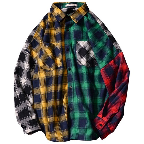 Men Plaid Tartan Long Sleeve Shirt Splicing Stitching Hip Hop Coat Tops - Bild 6 von 7