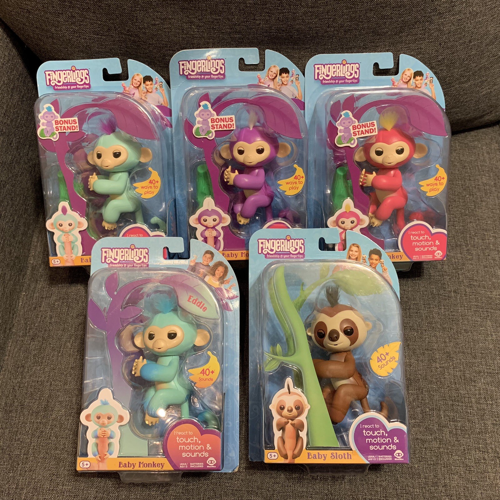 Set Of 5 Fingerlings, Monkeys And Sloth, Teal Pink Brown Purple Aqua bluee Set Of 5 Fingerlings, Monkeys And Sloth, Teal Pink Brown Purple Aqua bluee