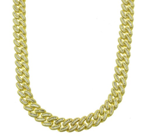 Bling 14mm Baguette Set CZ Choker Necklace Real 14K Gold Plated Miami Cuban Link - Picture 2 of 4