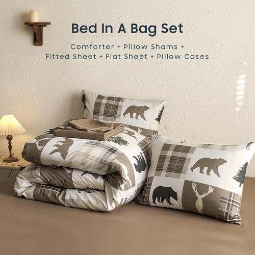 - Rustic Comforter Set with Sheets, Cabin Lodge Christmas Bear Moose Deer Wildli - Picture 7 of 7