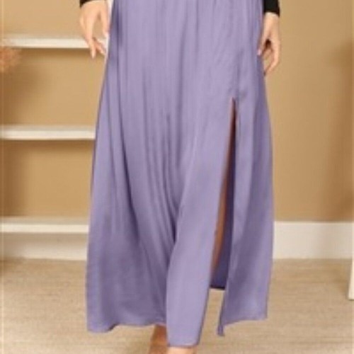 OLIVACEOUS Purple Smocked Waist Thigh High Split Side Soft Satiny Feel Skirt - Picture 5 of 9