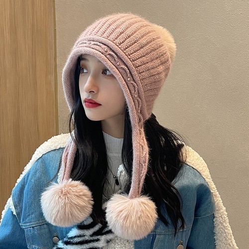 Lady Knitted Beanie Thermal Cap Hat Ear Flap Pom Pom Beads Outdoor Skiing Winter - Bild 8 von 10