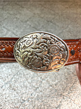 Womens Western Tooled Leather Belt nickel Buckle Made In The USA 34/35" boho