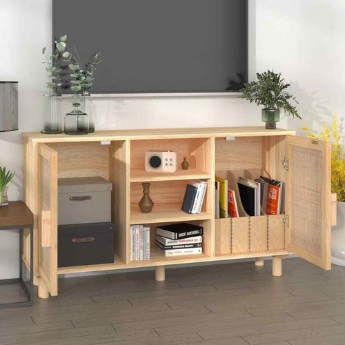 NNEVL Sideboard Brown 105x30x60 cm Solid Wood Pine and Natural Rattan - Picture 3 of 9