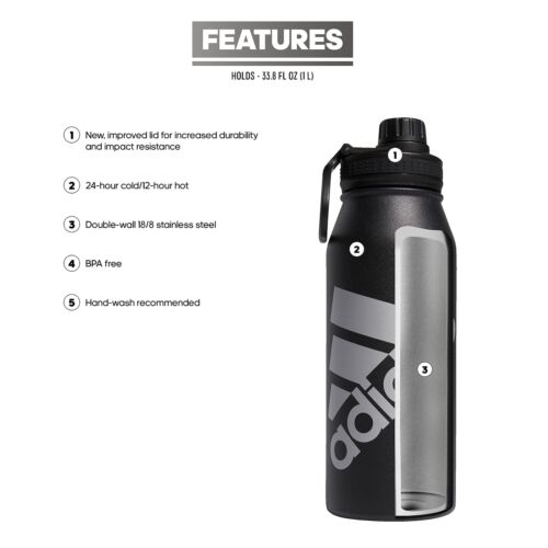 32 Ounce Black Silver Metallic Stainless Steel Water Bottle Hot Cold Travel 1L - Picture 3 of 6