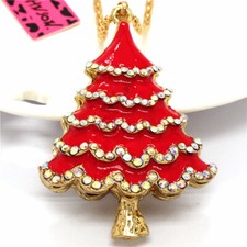 New Fashion Women Enamel Red Christmas Tree Rhinestone Pendant Sweater Necklace