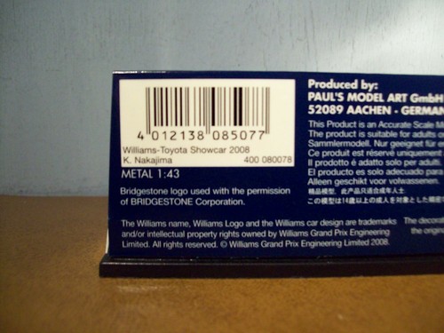 1/43 MINICHAMPS 400 080078 WILLIAMS TOYOTA 2008 SHOWCAR KASUKI NAKAJIMA - Picture 4 of 4