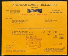 St. Louis, MO American Cone & Pretzel Rold Gold 4/15 1935 Billhead