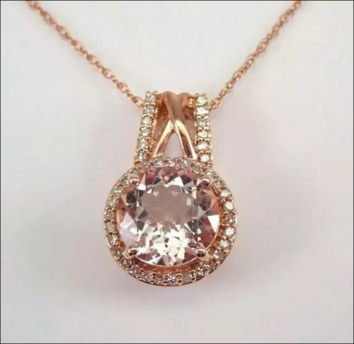 2Ct Round Cut Lab Created Morganite Diamond Halo Pendant 14K Rose Gold Finish - Picture 1 of 4