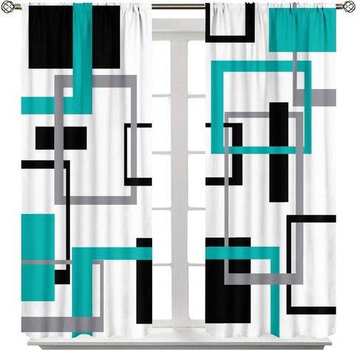 Teal Curtains Mid Century Modern Turquoise Abstract Aqua Black Grey Geometric... - Picture 1 of 8
