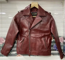 Men's Genuine Cowhide Leather Croc Embossed Burgundy Jacket Luxury Biker Jacket