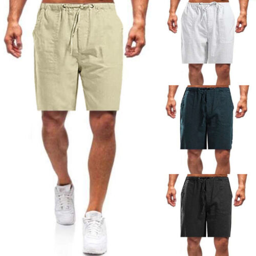 Men Cotton Linen Elastic Waist Shorts Drawstring Summer Beach Casual Short Pants - Picture 2 of 12