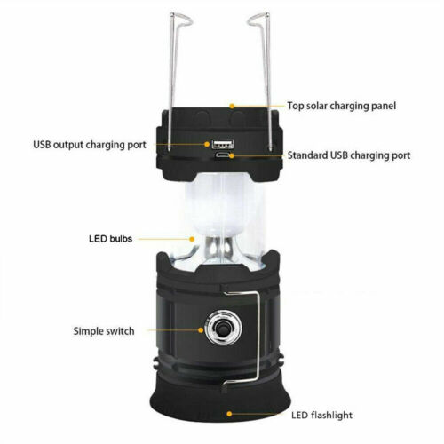 2 Solar Portable LED Flashlight USB Rechargeable Camping Tent Light Lamp Lantern - Picture 6 of 13