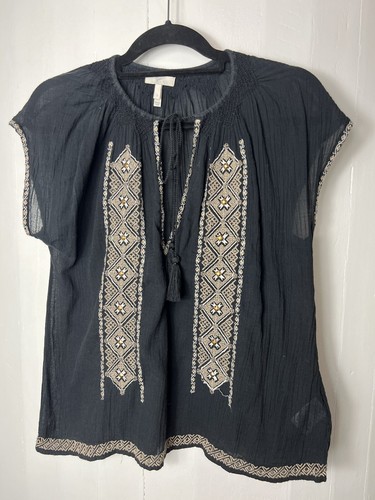 Top túnica boho de gasa negra bordada dorada Joie talla PEQUEÑA - Imagen 1 de 6
