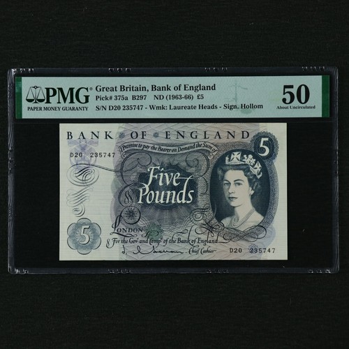 1963-66 Great Britain Bank of England 5 Pounds Pick#375a PMG 50 About UNC