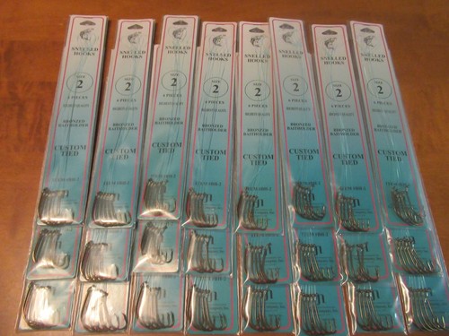 144 SNELLED FISH HOOKS (24 PKS X 6 EA) BRONZE BAIT HOLDER MONO LEADER 7" PICK SZ - Picture 5 of 12