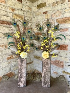 Peacock Feather Arrangements Tall Set Two Yellow Roses Flowers Earthy Modern 48 Ebay