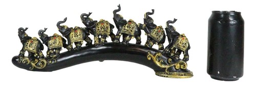 Elephant Herd On Great Migration On Black Tusk With Golden Scrollwork Figurine - 第 8/9 張圖片