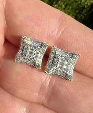 Real Moissanite Men's Baguette Cut 2Ct Kite Stud Earrings 14k Yellow Gold Plated