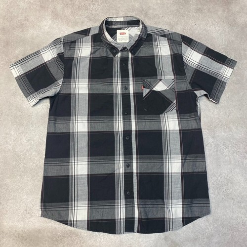 Levis Hemd Herren Large Y2K Vintage Button Down Kariert Kurzarm Oberteil, Schwarz