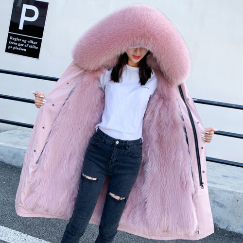 Luxury Women Hooded Real Fox Fur Lined Winter Fur Collar Parkas Warm Coat Jacket - Picture 27 of 32