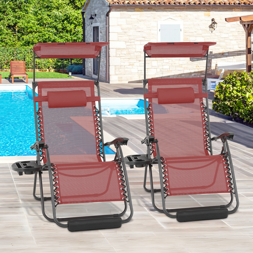 Set of 2 Folding Zero Gravity Chair Lounge Recliner Sunshade w/Cup Holder Maroon - Picture 4 of 12