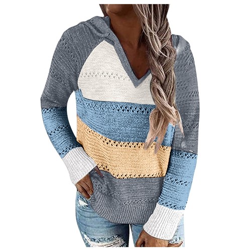 Fashion Jumper Women's Casual Patchwork V-Neck Long Sleeves Hooded Blouse Tops - Picture 22 of 33