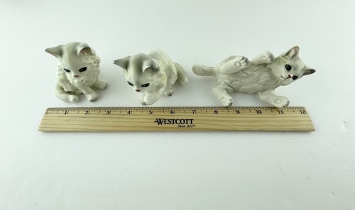 Juego de 3 estatuillas Lefton de pelo largo de porcelana blanca gatos 1513 Japón - Imagen 10 de 11