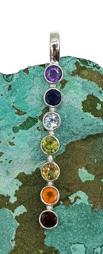 Seven Chakras Pendant, Sterling Silver, Amethyst, Iolite, Blue Topaz, Peridot - Picture 7 of 10