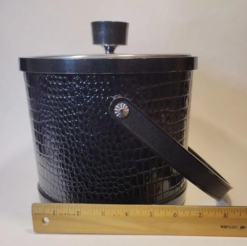 Vintage Ice Bucket Black & Chrome Faux Alligator Lightweight Atapco USA - Picture 10 of 12