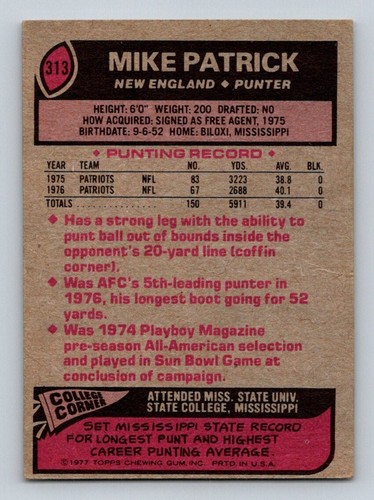 1977 Topps #313 Mike Patrick RC - Picture 2 of 2