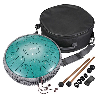 LEKATO 13'' Steel Tongue Drum 15 Note Tank Drum Beginner Gift with Finger Picks