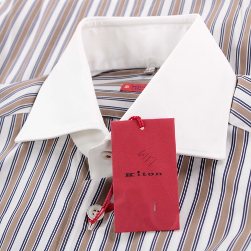 Camicia elegante Kiton nuova con etichetta taglia 15,75 40 bianca con righe beige 100% cotone - Foto 1 di 12