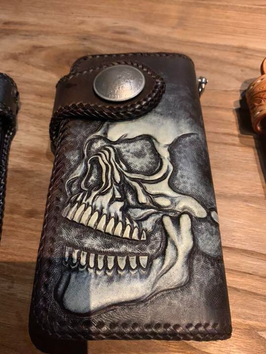 Handmade Biker leather Long wallet Black pocket engraved