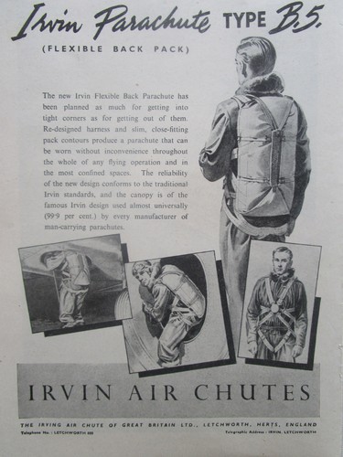 9/1946 PUB IRVING LUFTRUTSCHE IRVIN BACK FALLSCHIRM TYP B5 ORIGINAL ANZEIGE - Bild 1 von 2