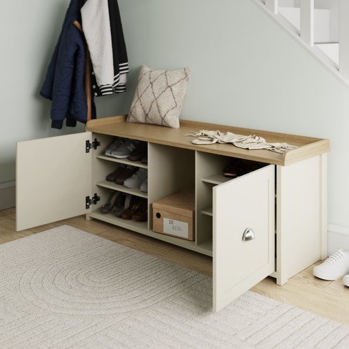 Lancaster 2 Door Shoe Bench Storage Seat Organiser Cream Hallway Entryway - Picture 2 of 8