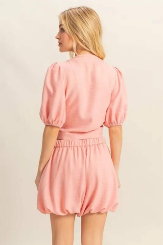 Two-Piece Front Tie Top Bubble Hem Shorts Outfit for Summer - Picture 3 of 9