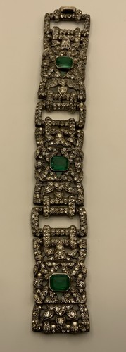 French Deco Lazarus Green Emerald & White Diamond Paste Sterling Bracelet 59.5g - Bild 2 von 22