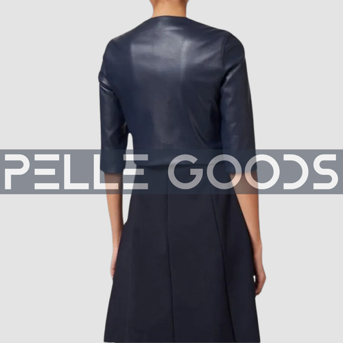 Chaqueta de cuero recortada azul marino para mujer - mangas 3/4, calce ajustado, diseño elegante - Imagen 3 de 4