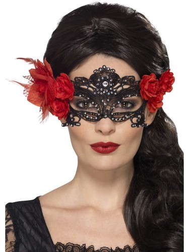 Day of the Dead Lace Filigree Eyemask With Roses Burlesque Fancy Dress Mask - Picture 2 of 2